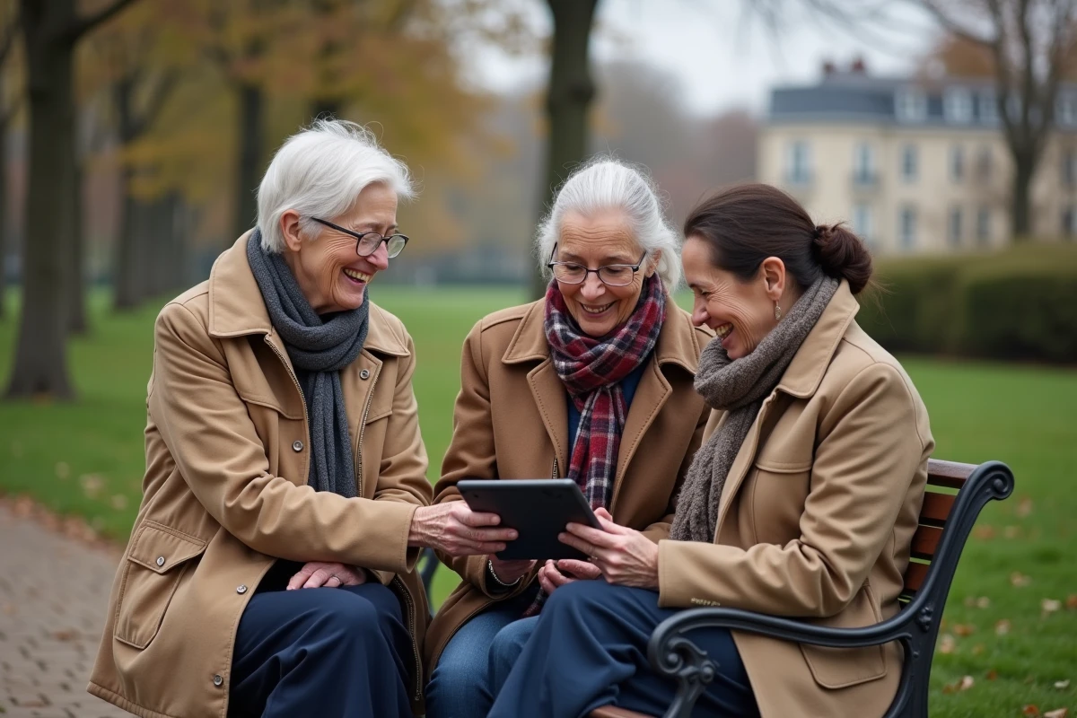 Trois amis retraités discutant dans un parc urbain