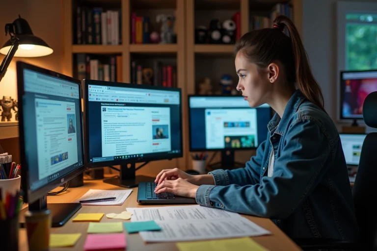 Jeune femme analyste découvrant des fuites d'informations sur des forums geek depuis son bureau encombré