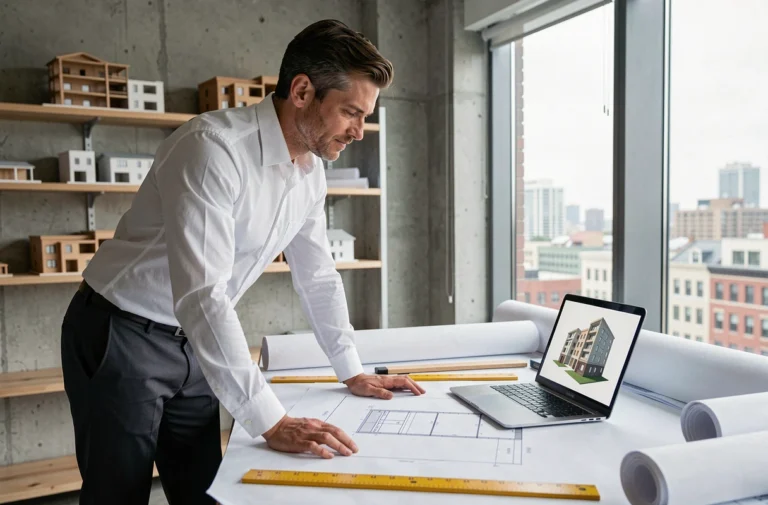 Architecte homme travaillant sur des plans et un logiciel 3D dans un studio moderne avec murs en béton et grandes fenêtres urbaines