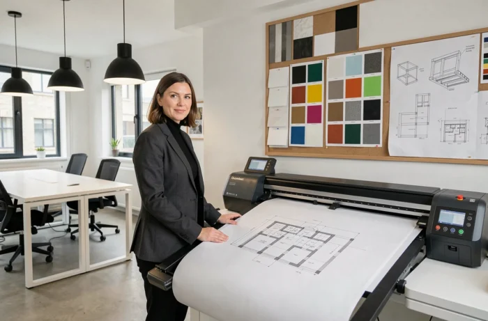 Architecte femme supervisant l'impression de plans architecturaux avec un traceur professionnel dans un bureau design minimaliste