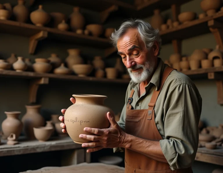 Artisan âgé examinant une poterie ancienne dans un atelier historique en pierre, symbolisant l'héritage de la plus ancienne marque du monde