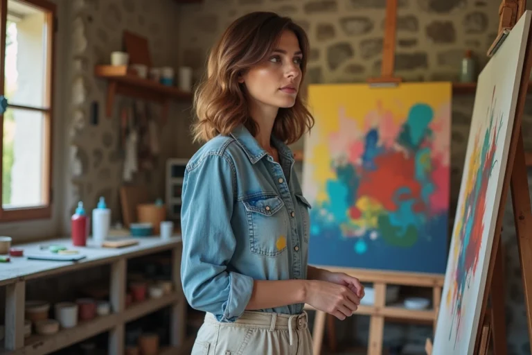 Femme artiste dans son atelier devant une toile abstraite