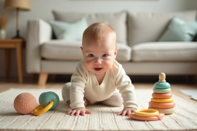 Bébé de 8 mois assis sur un tapis d'éveil coloré en train d'attraper des jouets sensoriels pour développer sa motricité fine