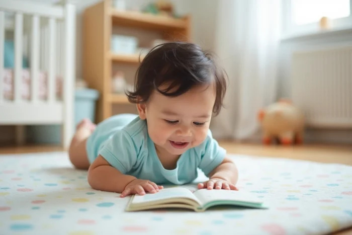 Bébé de 8 mois en position ventre à terre faisant du tummy time et regardant un livre en tissu pour stimuler son développement moteur