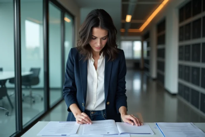 Femme cadre consultant les documents de calcul d'indemnité lors de la fermeture d'une entreprise