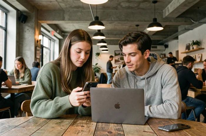 Deux jeunes professionnels collaborant avec un smartphone pliable et un ordinateur IA dans un espace de coworking tendance