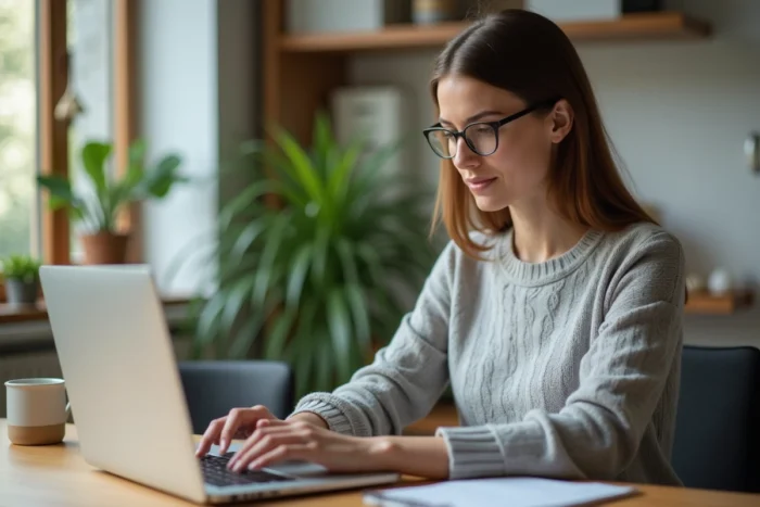 Femme connectée à son espace Wannonce sur un ordinateur portable dans un bureau à domicile