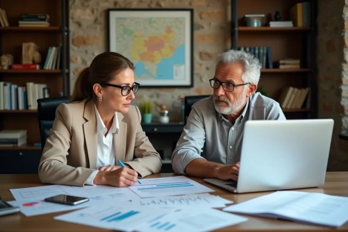 Conseiller en cession d'entreprise analysant des documents financiers avec un chef d'entreprise dans un bureau à Annecy