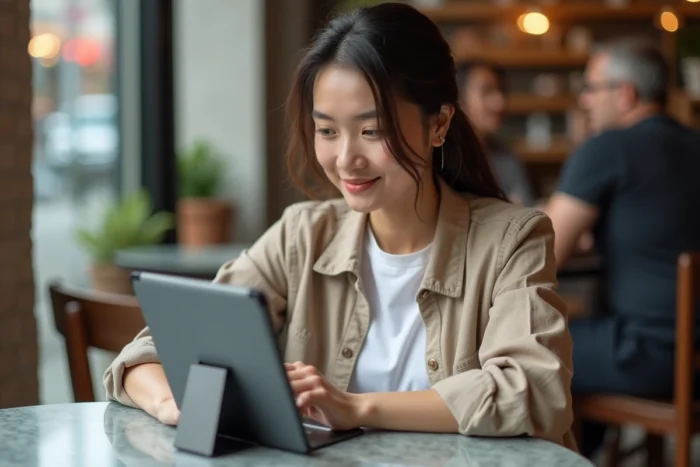 Jeune femme consultant son espace personnel Wannonce sur tablette dans un café