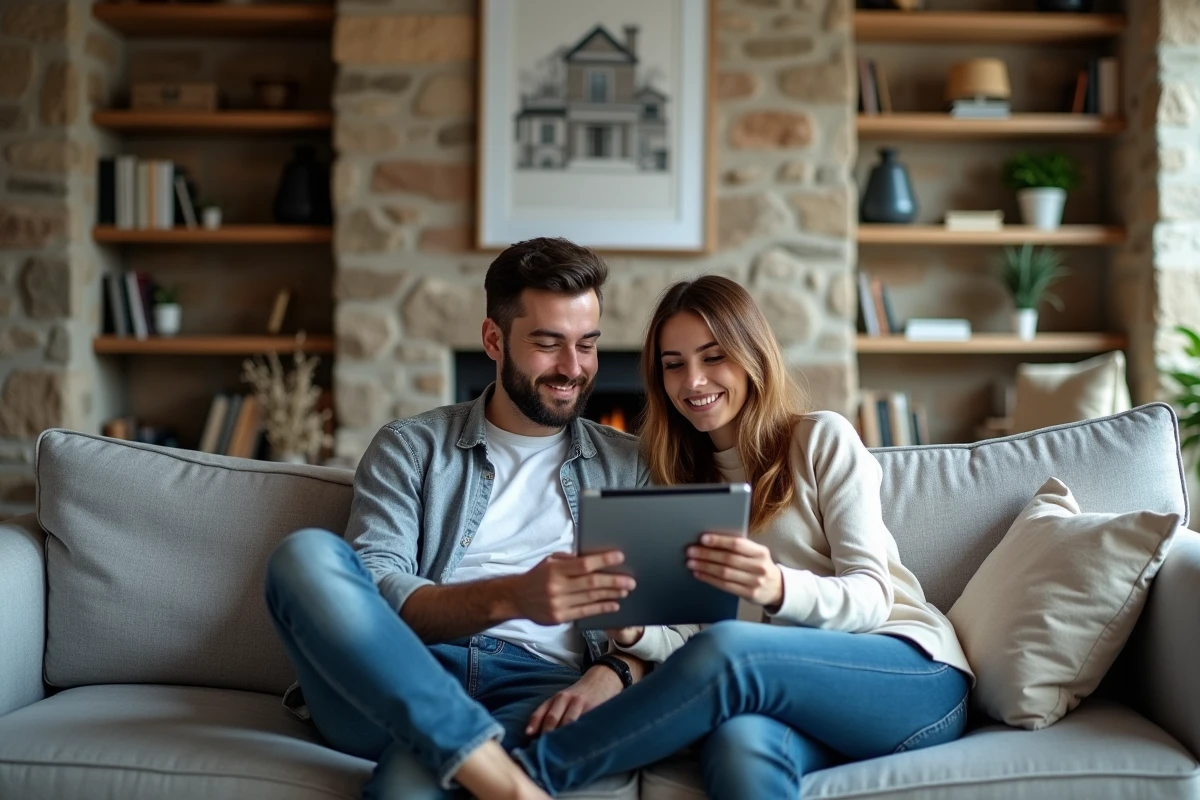 Jeune couple regardant une tablette dans un salon moderne