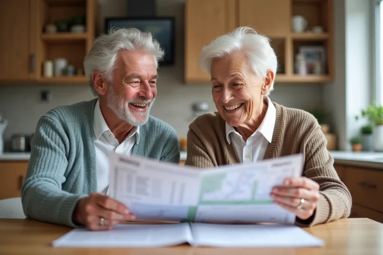 Couple senior souriant avec cartes de pension en cuisine