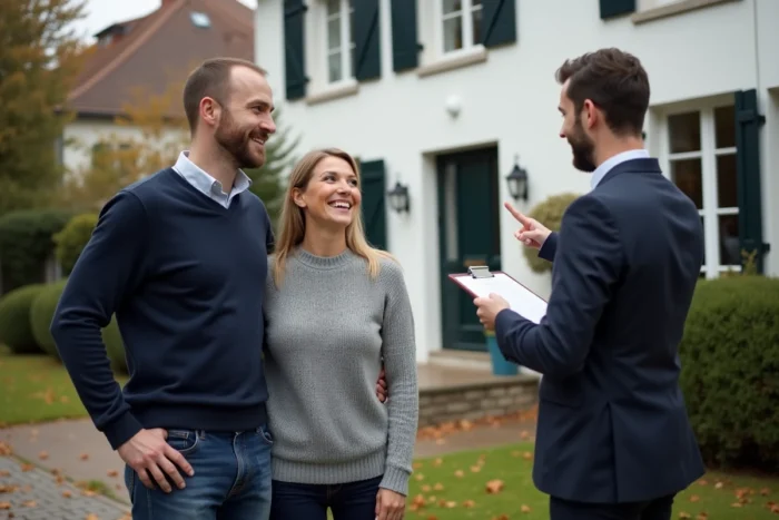 Couple visitant une maison pavillonnaire avec un agent immobilier dans un quartier résidentiel en automne