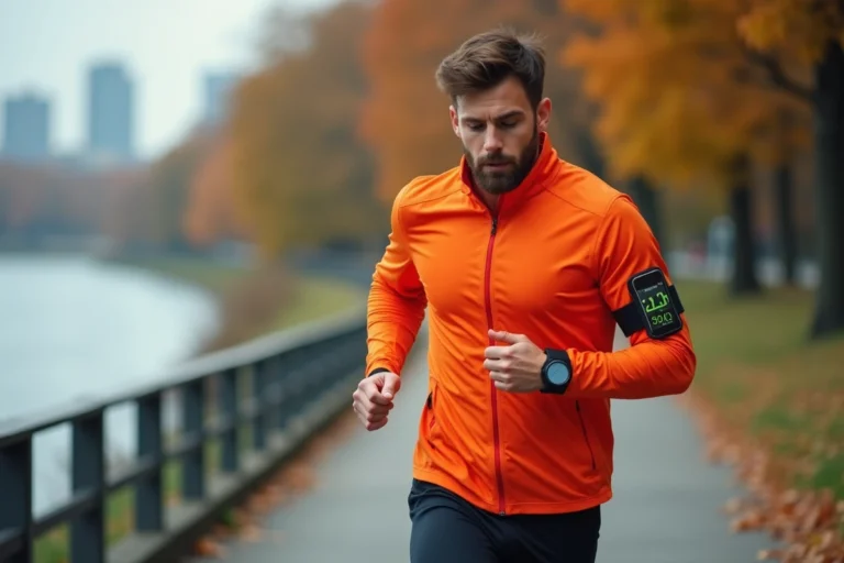 Coureur utilisant l'application Strava sur smartphone pendant un jogging urbain au bord de la rivière