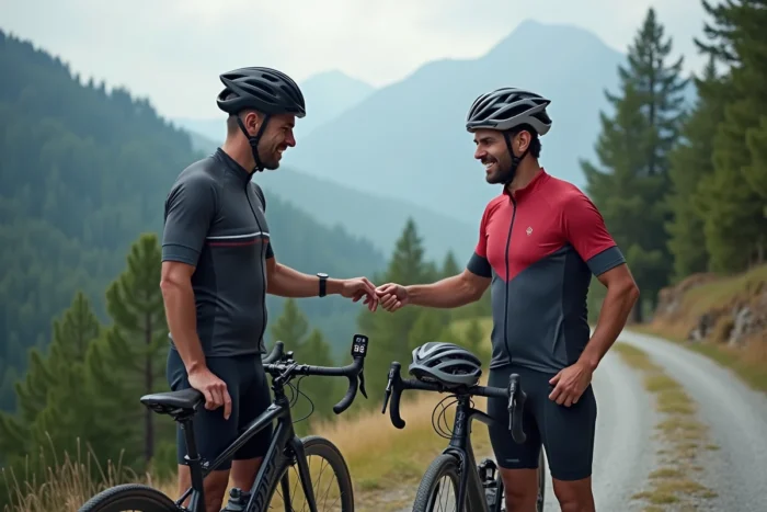 Deux cyclistes comparant leurs données Strava sur un ordinateur de vélo en pleine nature