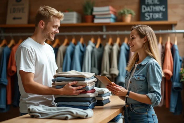Jeune homme déposant des vêtements à vendre dans une boutique de dépôt-vente avec une vendeuse souriante