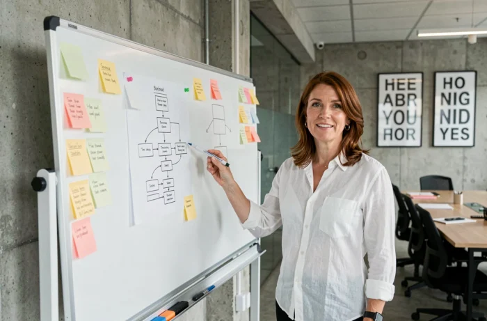 Designer UX présentant l'architecture et l'organisation d'un site web sur tableau blanc