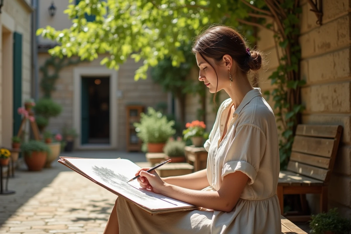 Artiste en plein dessin dans une cour ensoleillee