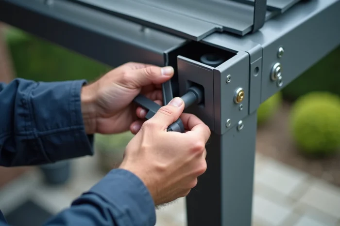 Détail de l'assemblage d'une pergola aluminium avec mécanisme de lames orientables et gouttière intégrée
