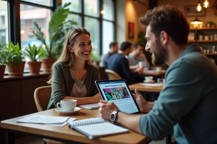 Deux personnes discutant de fuites exclusives PinkGeek autour d'une tablette dans un café urbain