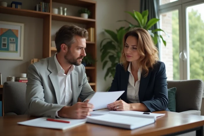 Femme discutant documents avec expert immobilier dans salon