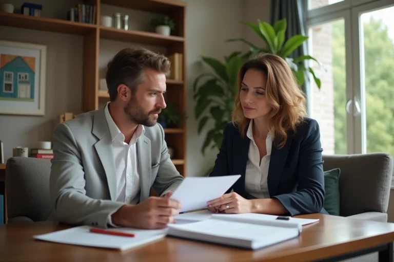Femme discutant documents avec expert immobilier dans salon