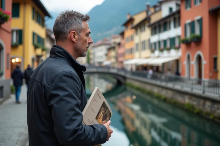 Chef d'entreprise réfléchissant à la vente de son entreprise sur un pont du vieil Annecy au bord du canal