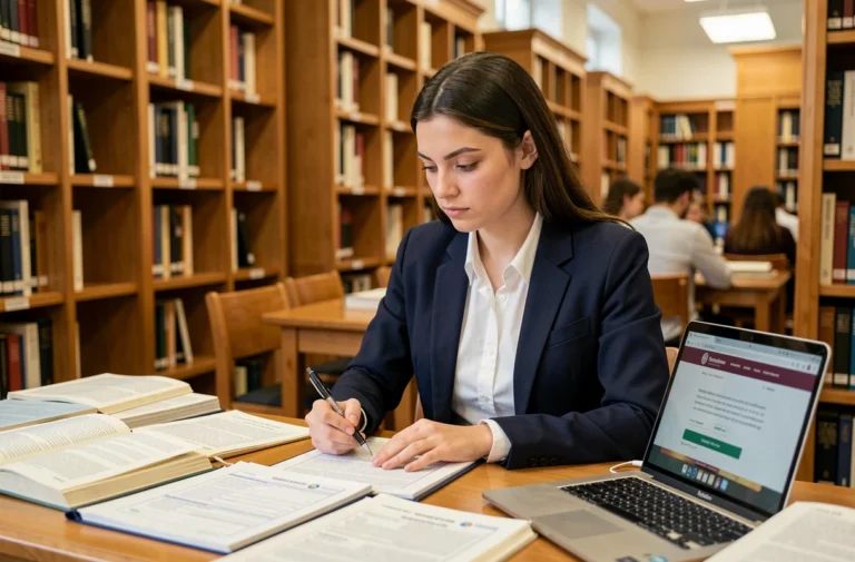 Étudiante préparant une demande de bourse d'études internationale dans une bibliothèque universitaire