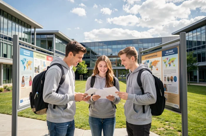 Groupe d'étudiants internationaux discutant des opportunités de bourses sur un campus universitaire moderne