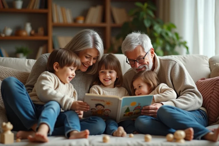 Famille multigeneration dans un salon chaleureux
