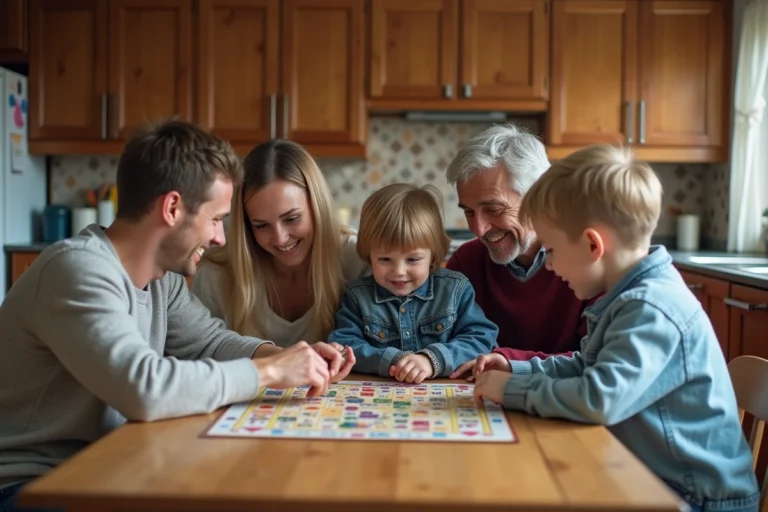 Famille de cinq jouant à un jeu de société dans la cuisine