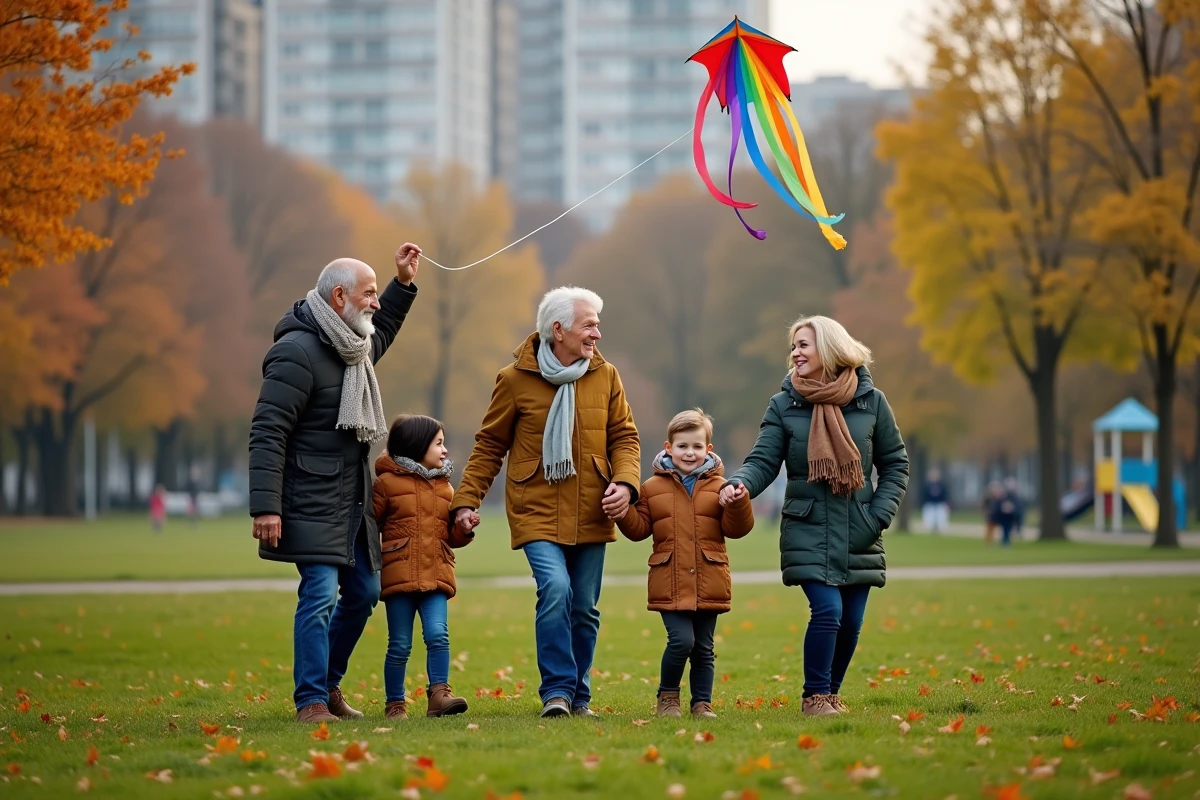 Trois générations de famille avec cerf-volant dans un parc d