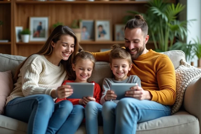 Famille multigenerations souriante sur canapé avec tablettes