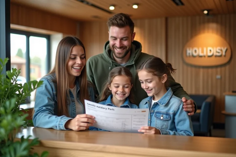 Famille souriante devant un bureau de réception de vacances