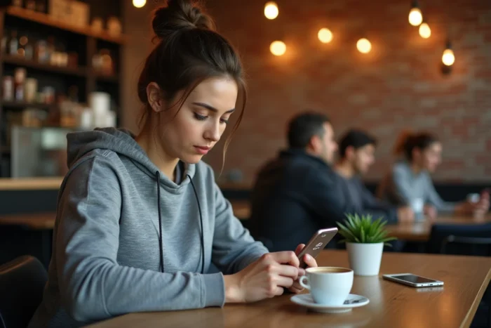 Femme analysant les fonctionnalités gratuites de son compte Strava sur smartphone dans un café