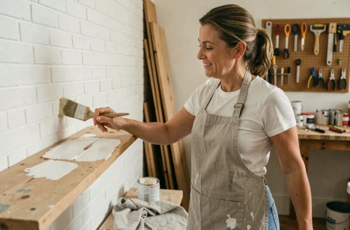 Femme appliquant de la peinture sur une étagère en bois dans un atelier de bricolage à domicile