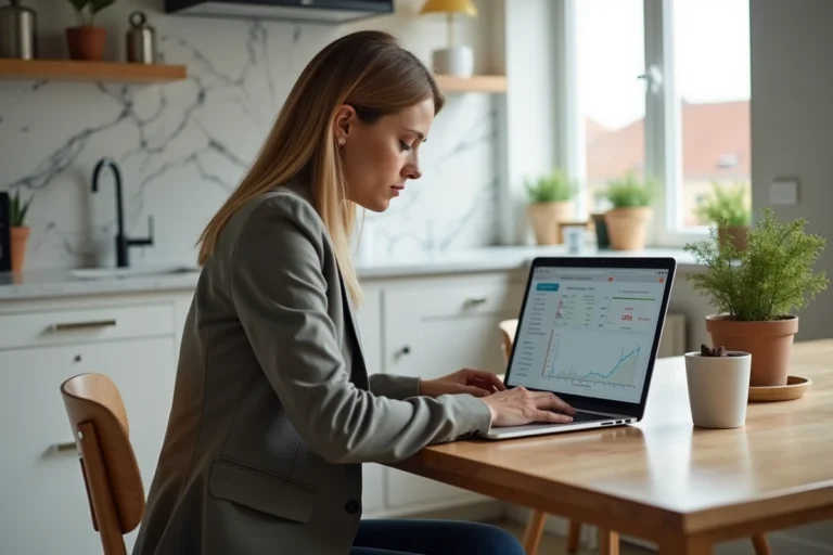 Femme en blazer utilisant un logiciel immobilier sur son ordinateur