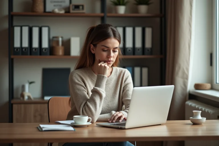 Femme au bureau à domicile en train de travailler sur son ordinateur