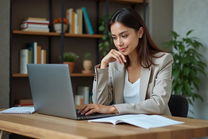 Femme en bureau cosy compare des infos sur son ordinateur