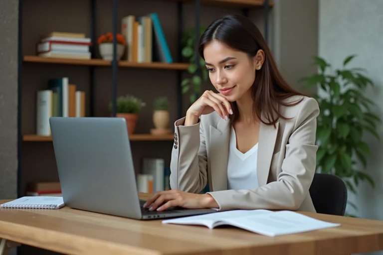 Femme en bureau cosy compare des infos sur son ordinateur