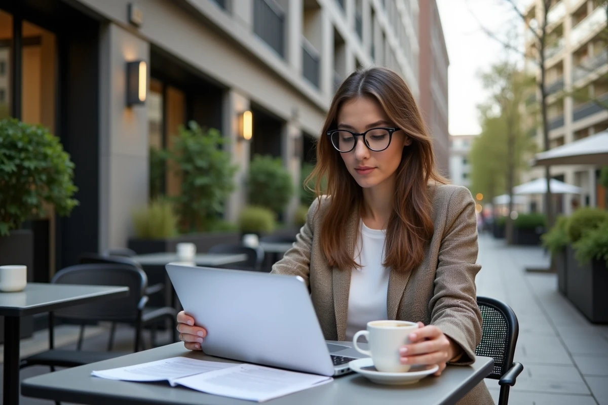 Femme assise à une terrasse de café en train de consulter des papiers