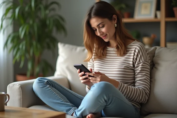 Jeune femme calculant une différence de dates sur une application smartphone depuis son canapé