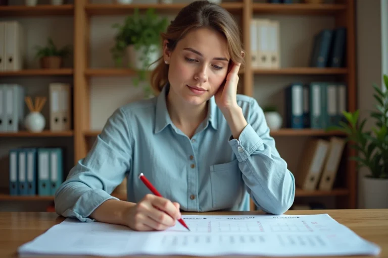 Femme calculant la différence entre deux dates sur un calendrier papier dans un bureau à domicile