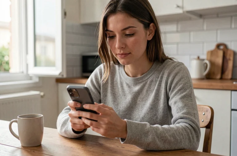 Jeune femme consultant son compte Free Mobile sur son smartphone dans une cuisine moderne