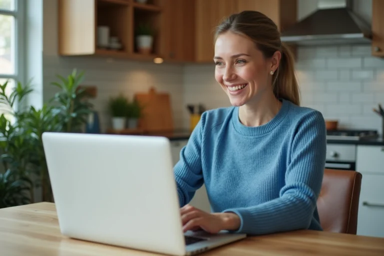 Femme souriante utilisant un ordinateur portable dans une cuisine moderne