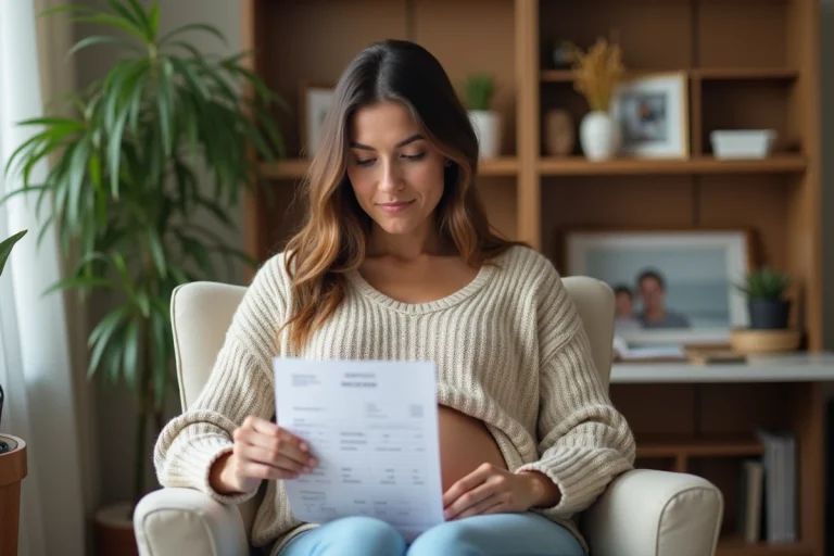 Femme enceinte dans un bureau cosy tenant ses résultats HCG