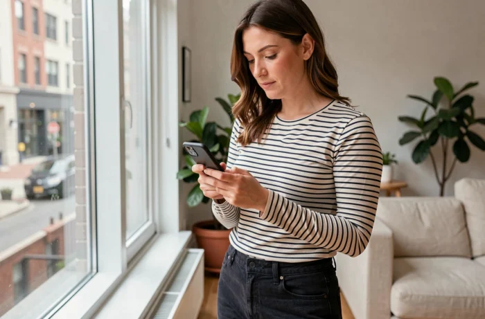 Femme debout dans un salon moderne gérant son compte Free Mobile depuis son téléphone