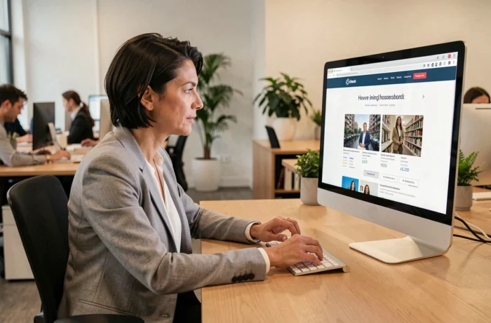 Femme professionnelle naviguant sur un site web bien organisé dans un bureau moderne
