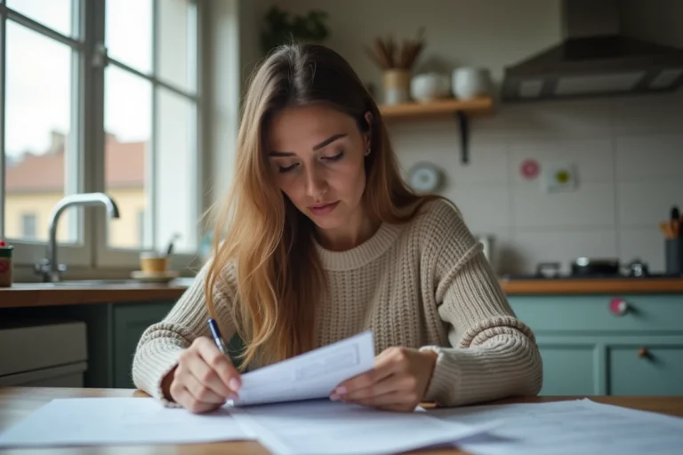 Femme réfléchissant à ses papiers CAF dans la cuisine