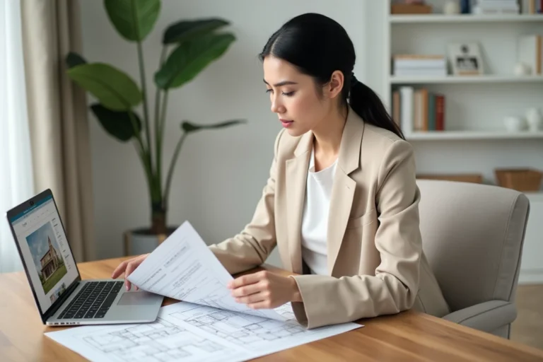 Femme consultant des plans immobiliers et un contrat sur un bureau en bois dans un bureau à domicile moderne