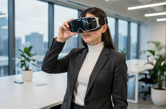 Femme en blazer charbon portant un casque de réalité augmentée dans un bureau technologique moderne avec vue sur la ville